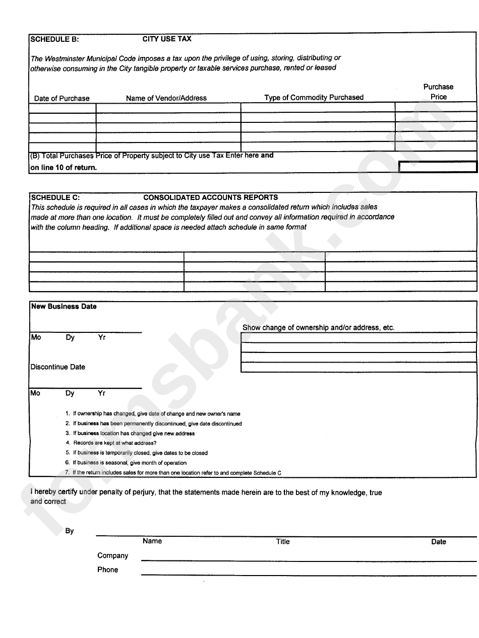 City Sale And Use Tax Form - Westminster