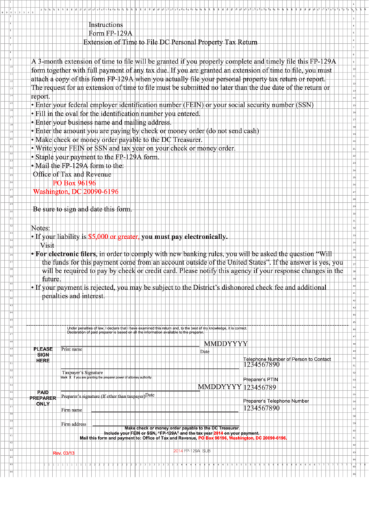 Form Fp-129a - Extension Of Time To File Dc Personal Property Tax Return - Instructions Printable pdf