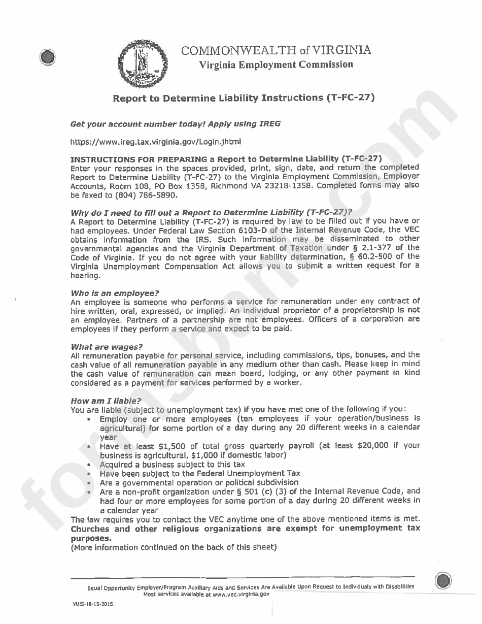 Form T-Fc-27 - Report To Determine Liability - Instructions