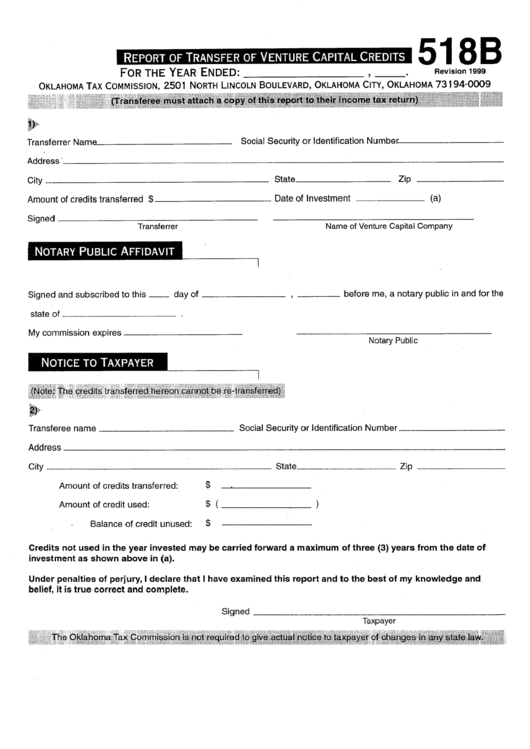 Form 518b - Report Form For Transfer Of Venture Capital Credits Printable pdf