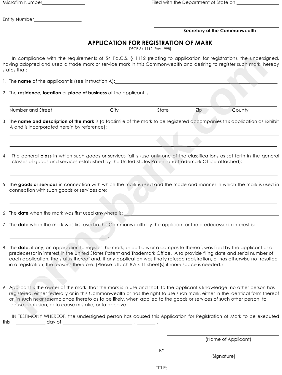 Application Form For Registration Of Mark