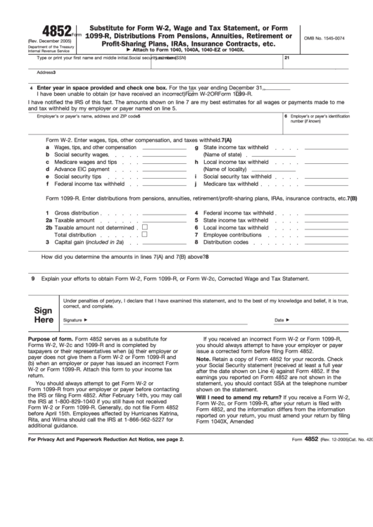 Form 4852 - Income Tax Return - Internal Revenue Service - Department Of The Treasury Printable pdf