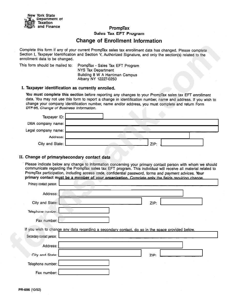 Form Pr-696 - Sales Tax Eft Program - Change Of Enrollment Information