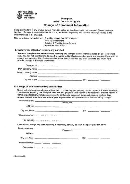 Form Pr-696 - Sales Tax Eft Program - Change Of Enrollment Information Printable pdf