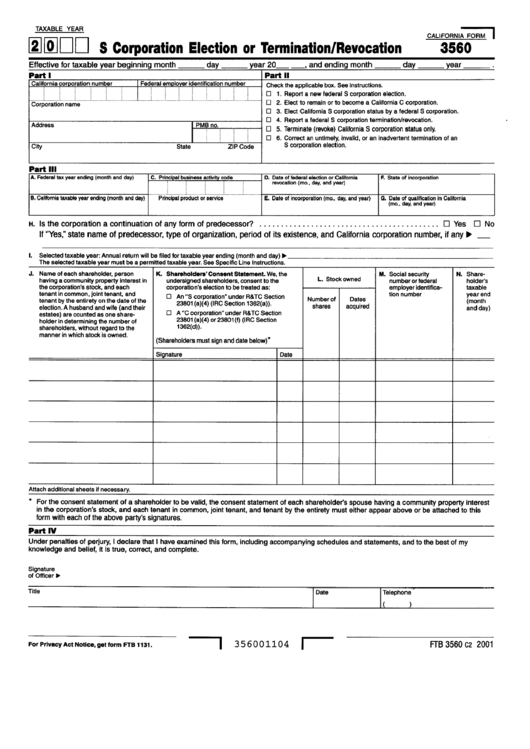 Form 3560 - S Corporation Election Or Termination / Revocation Printable pdf
