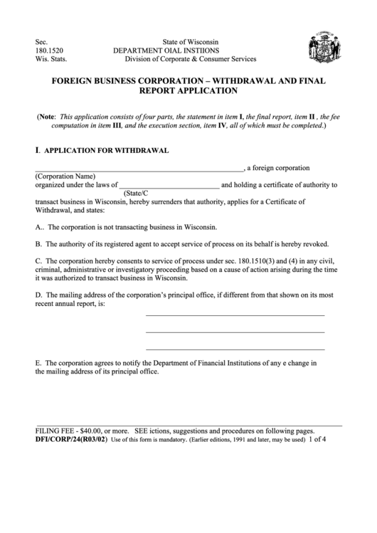 Foreign Business Corporation - Withdrawal And Final Report Application Form Printable pdf