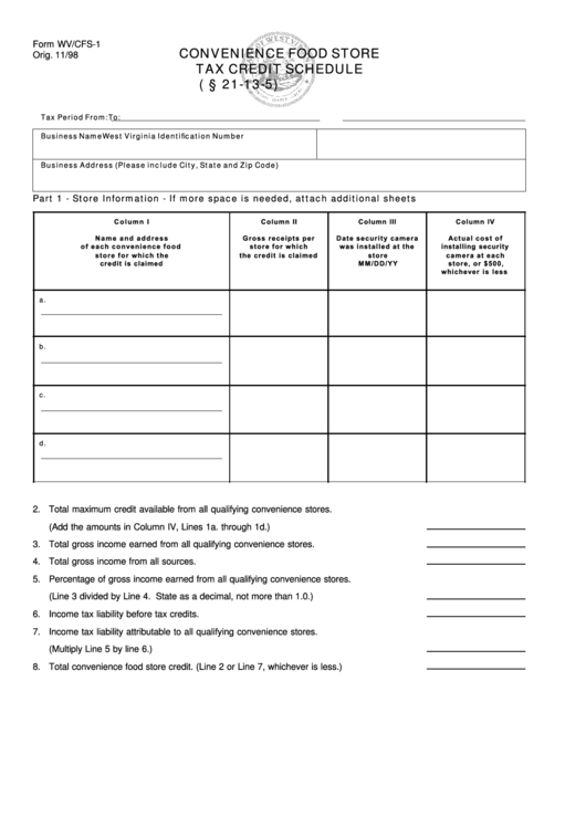 Form Wv/cfs-1 - Convenience Food Store Tax Credit Schedule Printable pdf