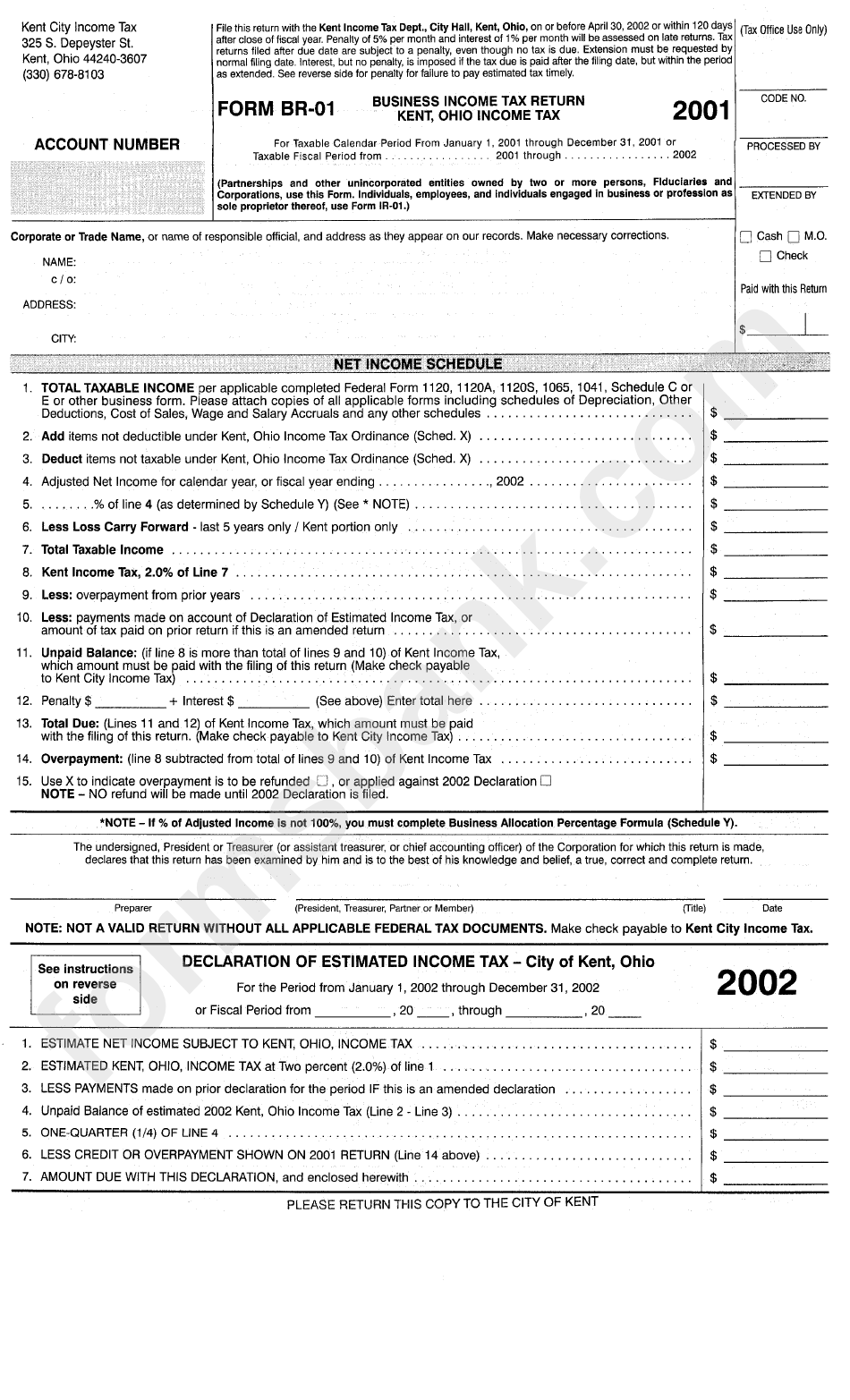 Form Br-01 - Business Income Tax Reurn Forn