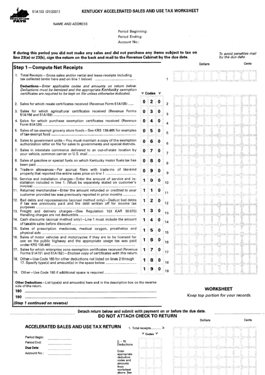 Form 51a103 - Kentucky Accelerated Sales And Use Tax Worksheet Printable pdf