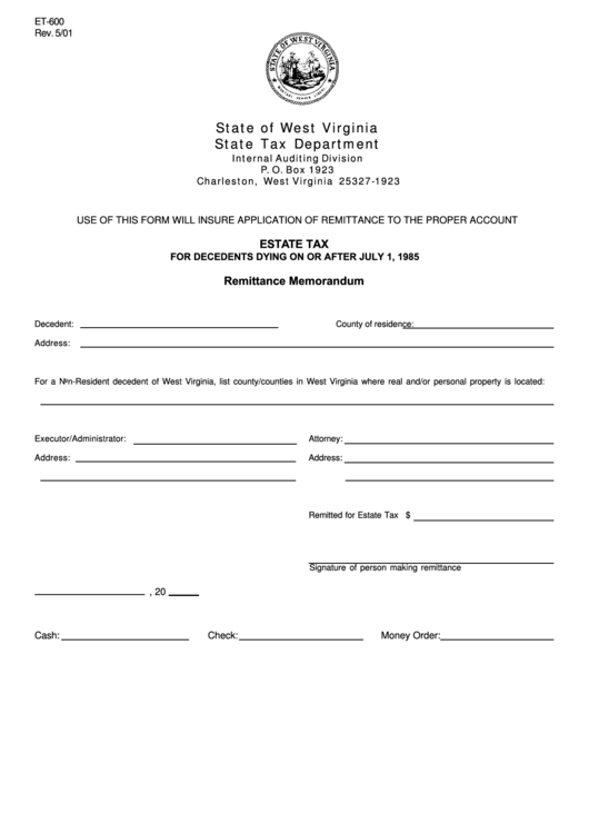 Form Et-600 - Estate Tax For Decedents Dying On Or After July 1, 1985 Printable pdf