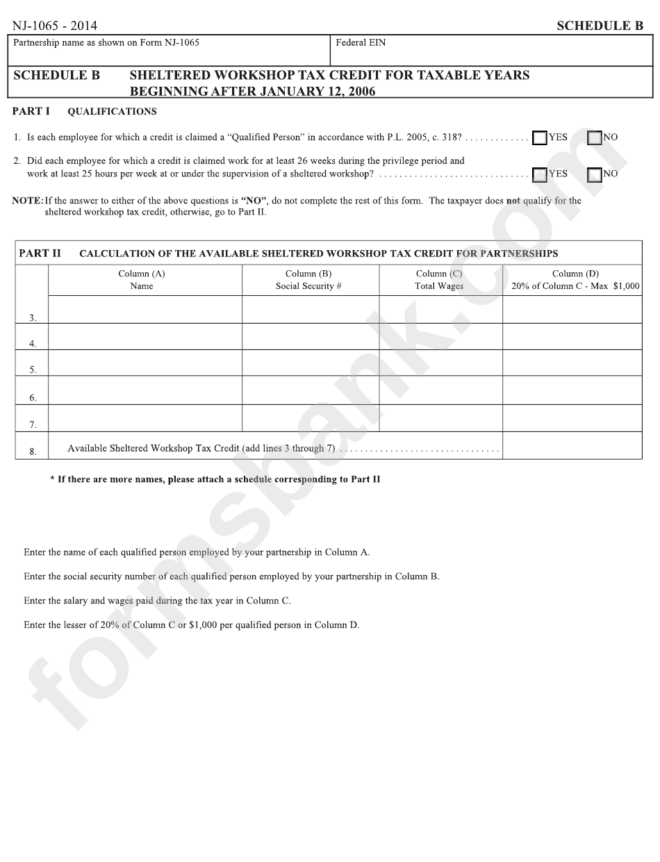Form Nj-1065 - Schedule B - Sheltered Workshop Tax Credit For Taxable Years Beginning After January 12, 2006