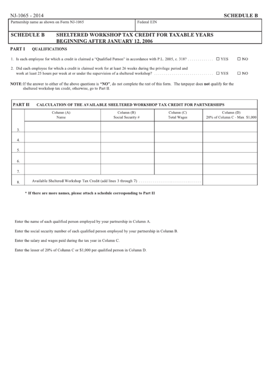Fillable Form Nj-1065 - Schedule B - Sheltered Workshop Tax Credit For Taxable Years Beginning After January 12, 2006 Printable pdf