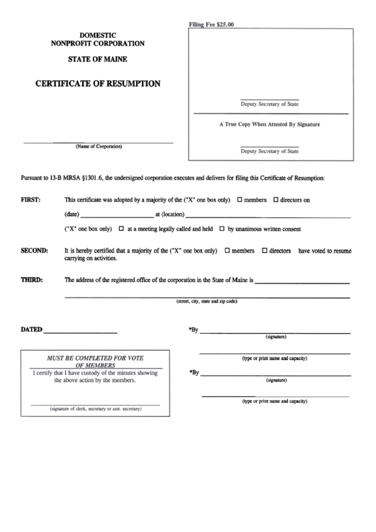 Form Mnpca-14a - Domestic Nonprofit Corporation - Certificate Of Resumption Printable pdf