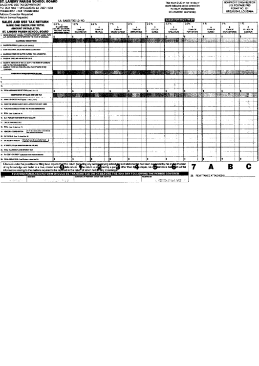 Sales And Use Tax Return Form - St. Landry Parish School Board Printable pdf