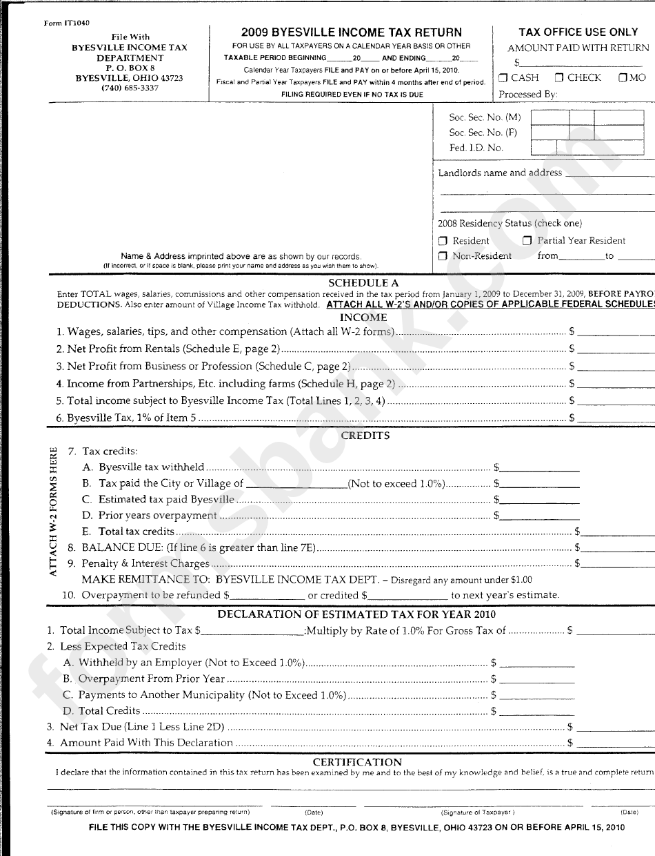 Form It1040 - Byesville Income Tax Return