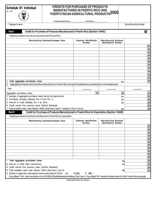 Schedule B1 Individual - Credits For Purchase Of Products Manufactured In Puerto Rico And Puerto Rican Agricultural Products - 2005 Printable pdf