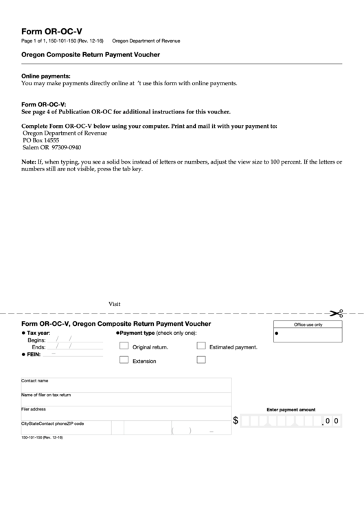 Fillable Form Or-Oc-V - Oregon Composite Return Payment Voucher Printable pdf