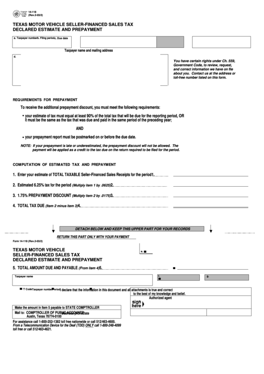 Fillable Form 14-118 - Motor Vehicle Seller-Financed Sales Tax Declared Estimate And Prepayment Printable pdf
