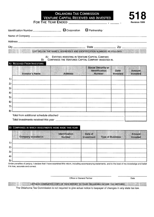 Form 518 - Venture Capital Received And Invested Printable pdf