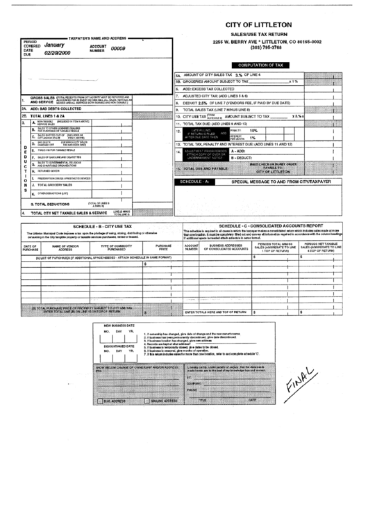 Sales And Use Tax Return Form - City Of Littleton Printable pdf