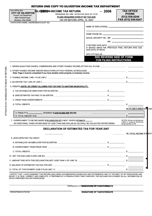 Form Ir - Silverton Income Tax Return Printable pdf