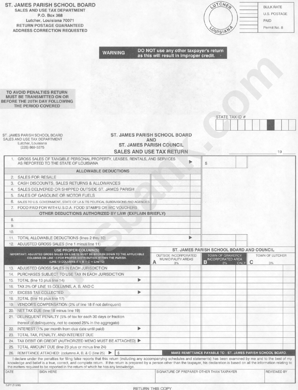 Sales And Use Tax Return Form - St. James Parish