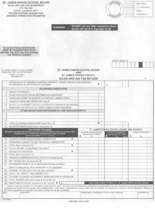 Sales And Use Tax Return Form - St. James Parish Printable pdf