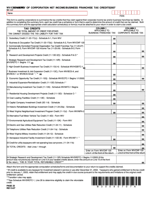 Form Wv/cnf-120tc - 2007 - Summary Of Corporation Net Income/business Franchise Tax Credits Printable pdf