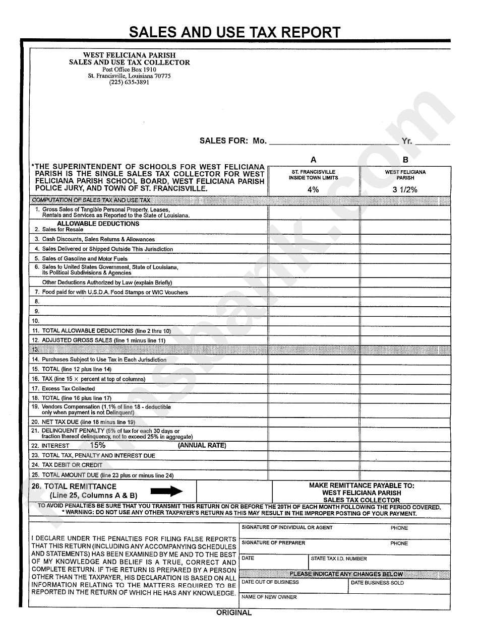 Sales And Use Tax Report Form - West Feliciana Parish