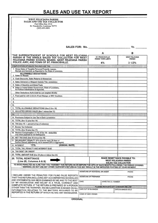 Sales And Use Tax Report Form - West Feliciana Parish Printable pdf