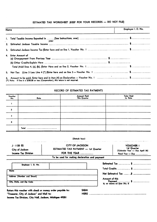 Estimated Tax Worksheet - City Of Jackson Printable pdf