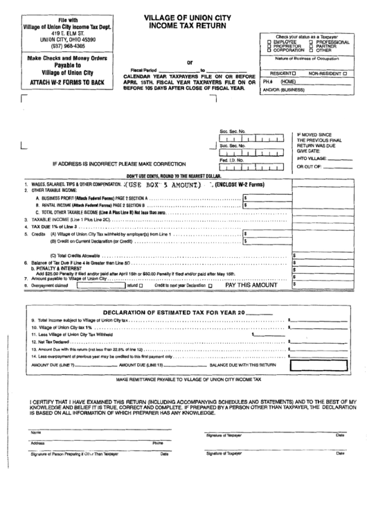 Income Tax Return Form - Village Of Union City Printable pdf