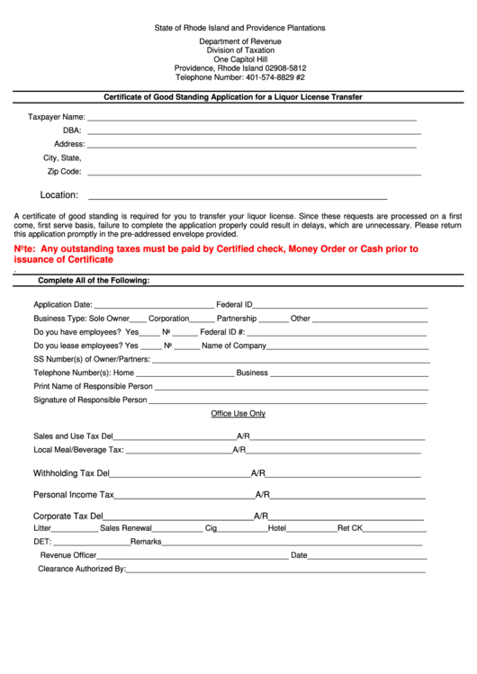 Certificate Of Good Standing Application For A Liquor License Transfer Form Printable pdf