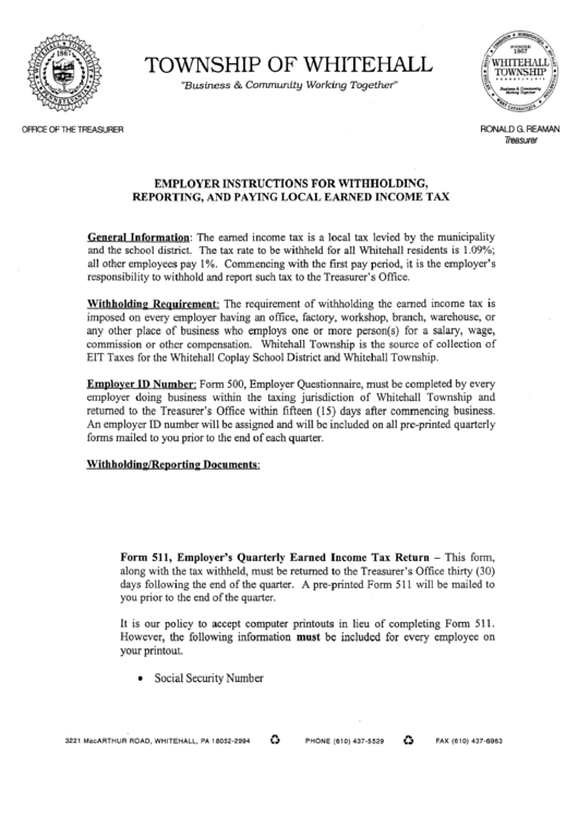 Employer Imstructions For Withholding. Reporting. And Paying Local Earned Income Tax Sheet - Township Of Whitehall Office Of Treasurer Printable pdf
