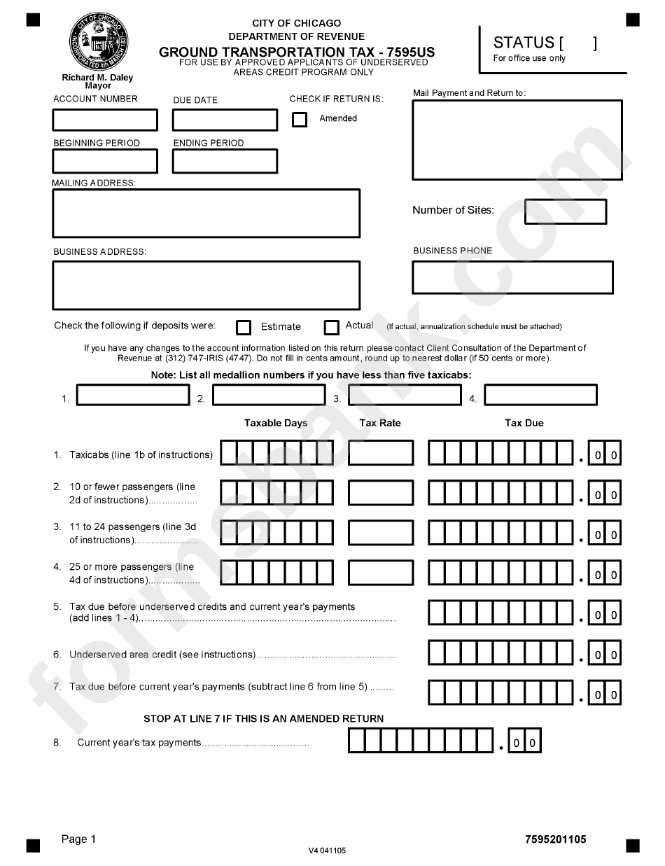 Form 7595us - Ground Transportation Tax - City Of Chicago Department Of Revenue