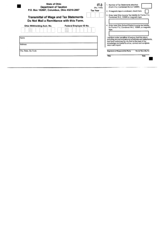 Form It-3 - Transmittal Of Wage And Tax Statements Do Not Mail A Remittance With This Form November 2003 Printable pdf