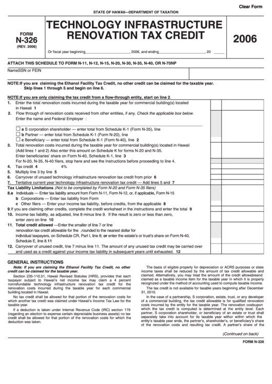 Form N-326 - 2006 - Technology Infrastructure Renovation Tax Credit