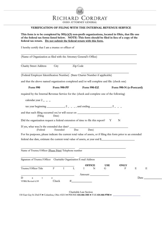 Fillable Form Vfirs - Verification Of Filing With The Internal Revenue Service Form June 2009 Printable pdf