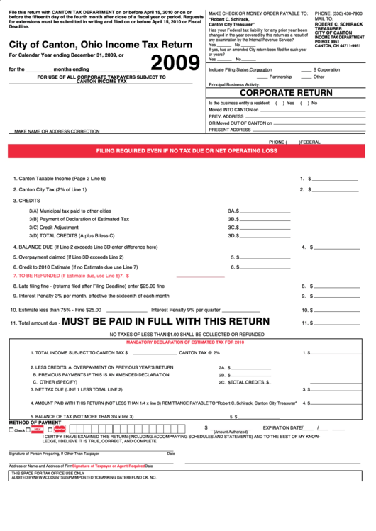 Ohio Income Tax Return - City Of Canton - 2009 Printable pdf