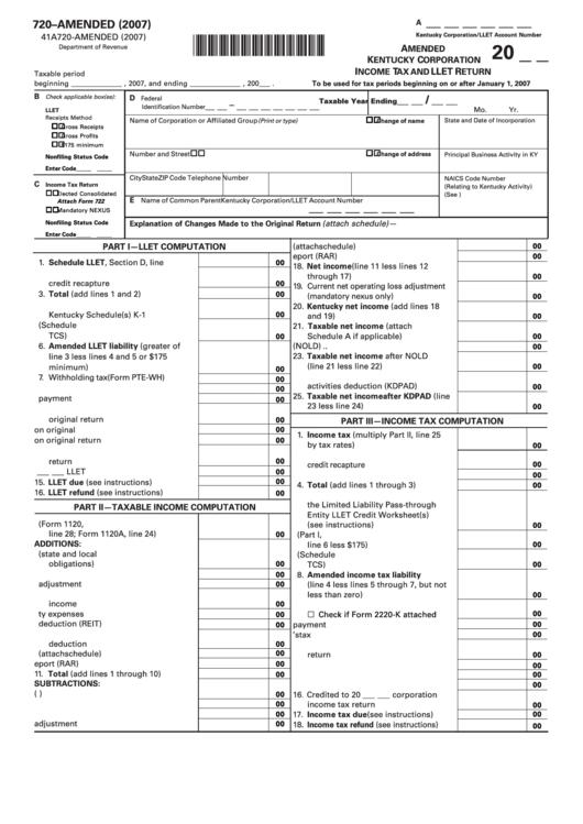 Fillable Form 720 - Amended Kentucky Corporation Income Tax And Llet Return - 2007 Printable pdf