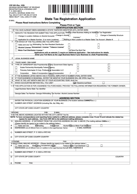 Fillable Form Crf-002 - State Tax Registration Application March 2008 Printable pdf