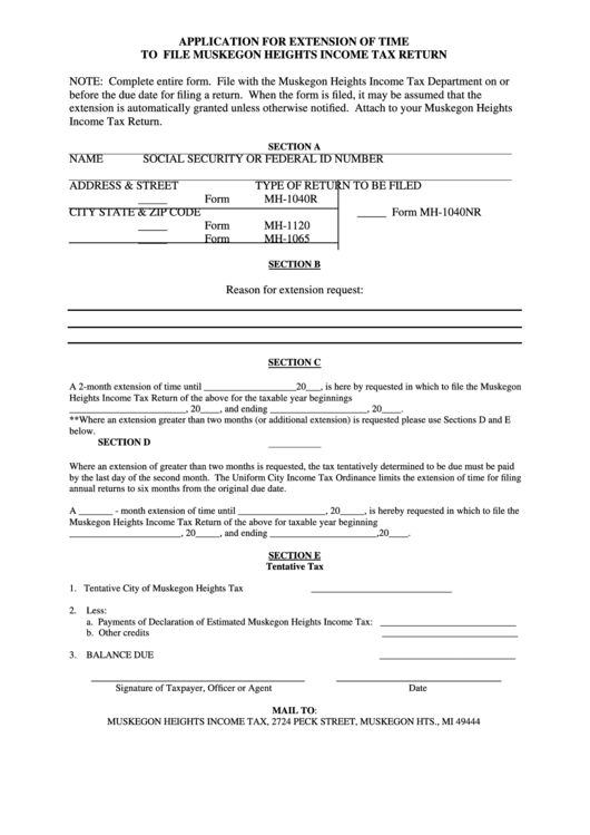 Application For Extension Of Time To File Muskegon Heights Income Tax Return Form Printable pdf