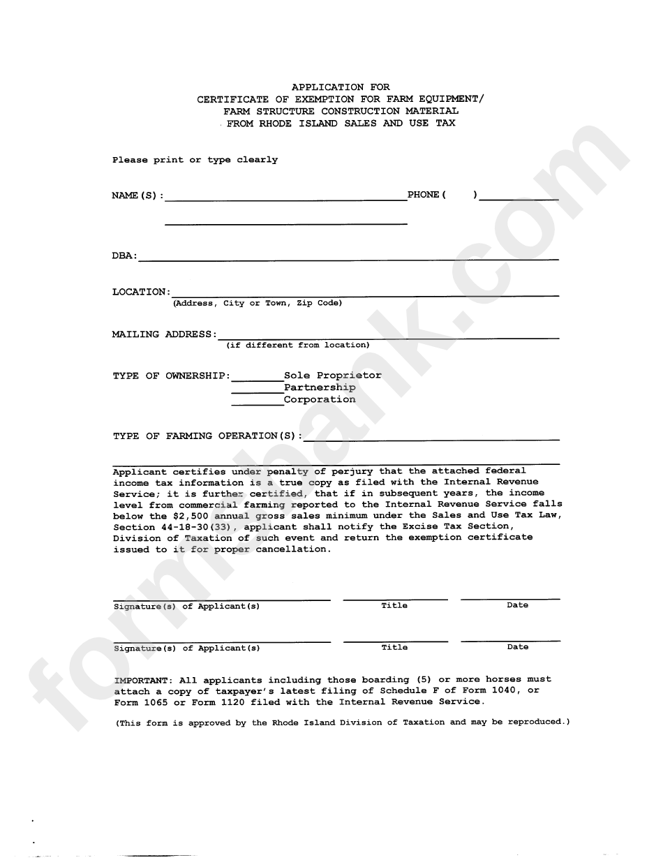 Application For Certificate Of Exemption For Farm Equipment/ Farm Structure Construction Material Form