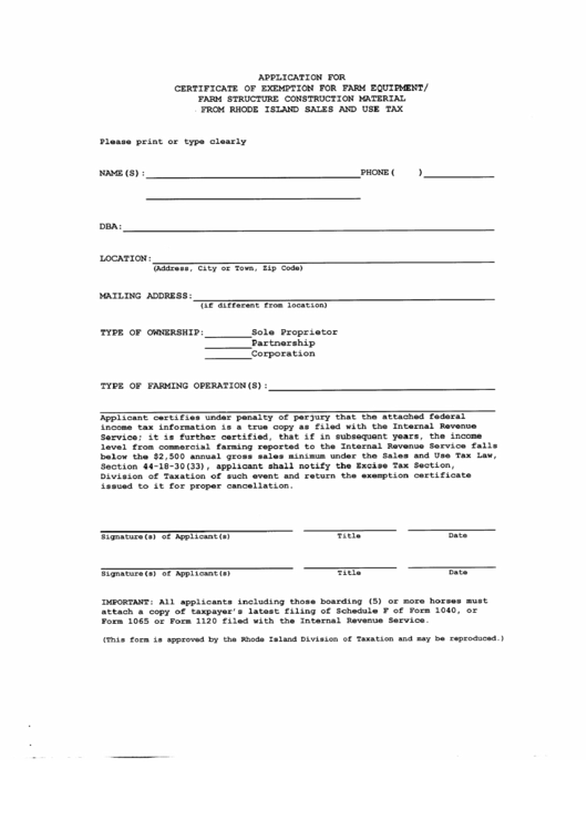 Application For Certificate Of Exemption For Farm Equipment/ Farm Structure Construction Material Form Printable pdf