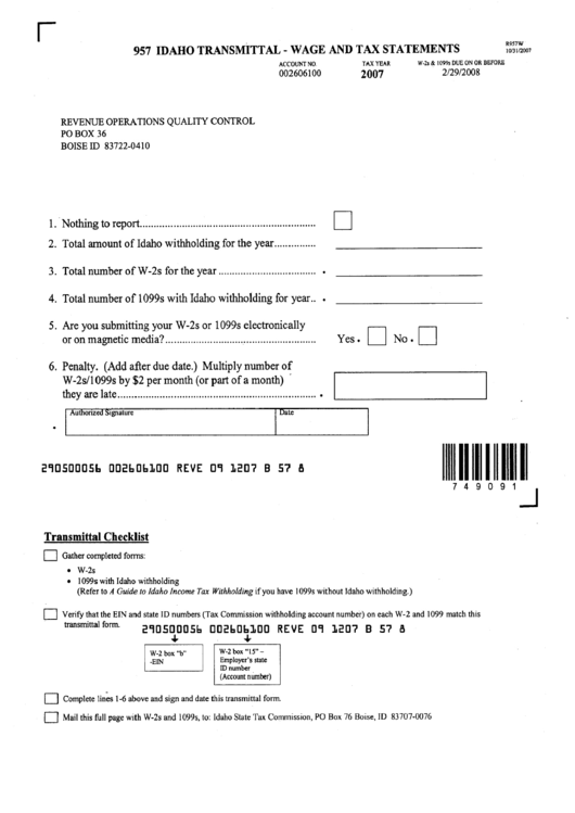 Form R957w - Wage And Tax Statements Printable pdf