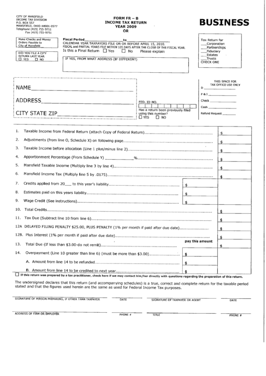 Form Fr-B - Income Tax Return 2009 Printable pdf