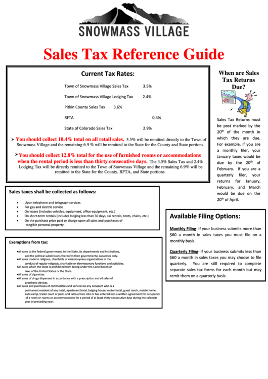 Sales Tax Reference Guide Sheet Printable pdf