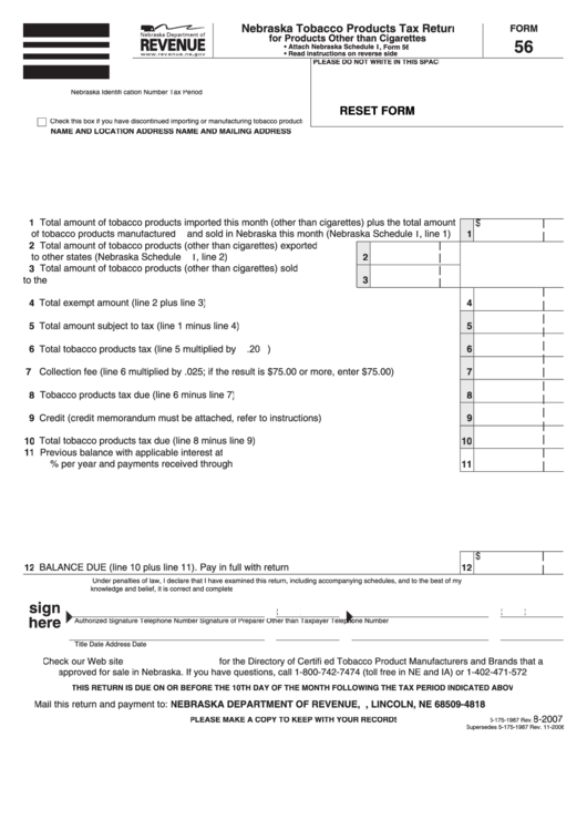 Fillable Form 56 - Tobacco Products Tax Return For Products Other Than Cigarettes Printable pdf