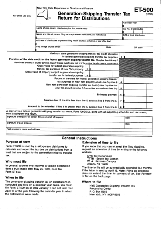Form Et-500 - Generation - Slipping Transfer Tax Return For Distributions Form Printable pdf