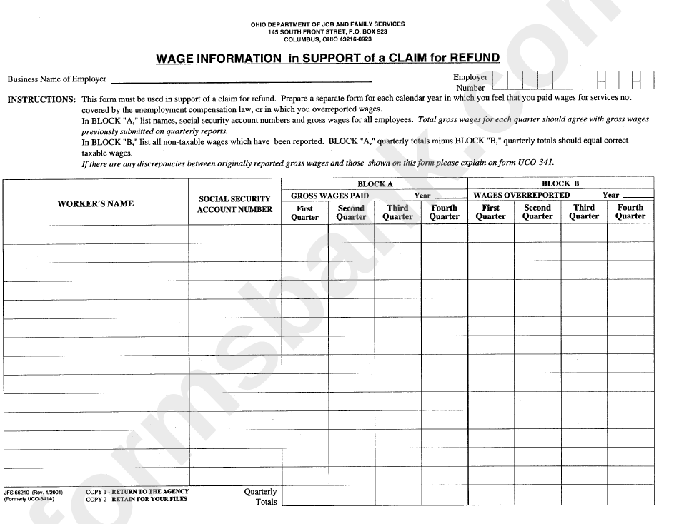 Form Jfs 66210 - Wage Information In Support Of Claim For Refund Form